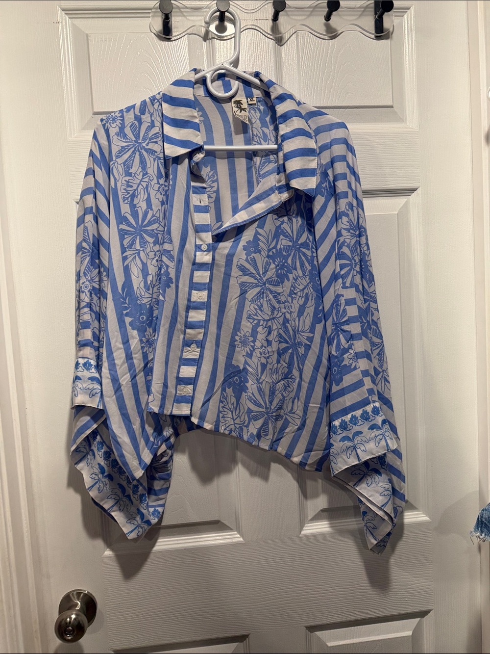 Blue & White Striped Floral Button-Down Shirt - Lightweight Women’s Top